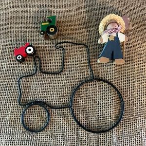 Farm items, wire tractor and small wooden items